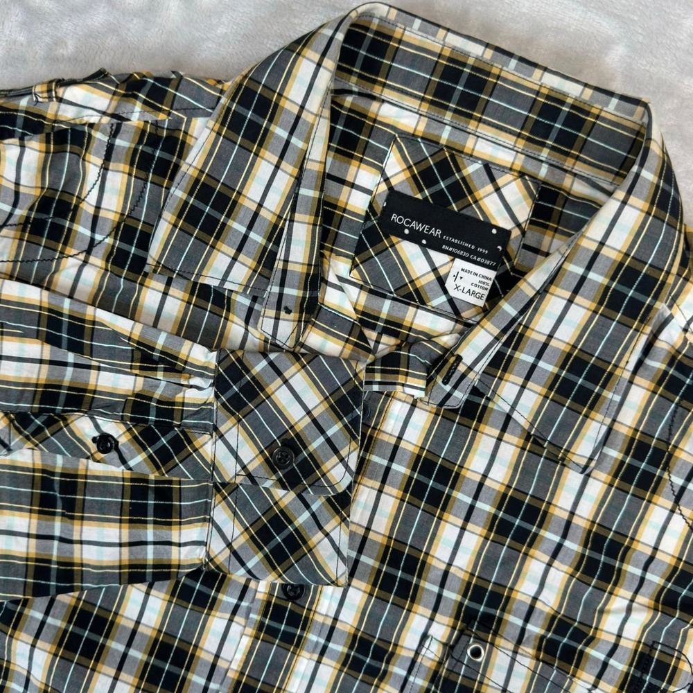Rocawear Button Down Men XL Black Yellow Plaid Long Sleeve Shirt Cotton 0259
